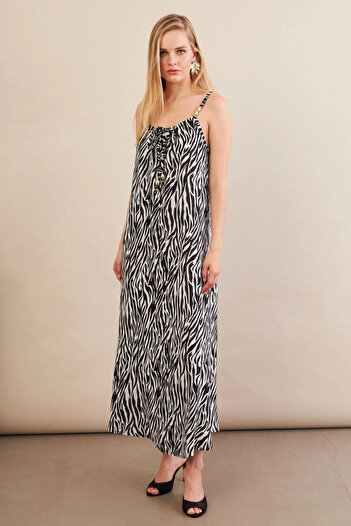Cool & Sexy Women's Black-Ecru Neck Tie Midi Dress An6005