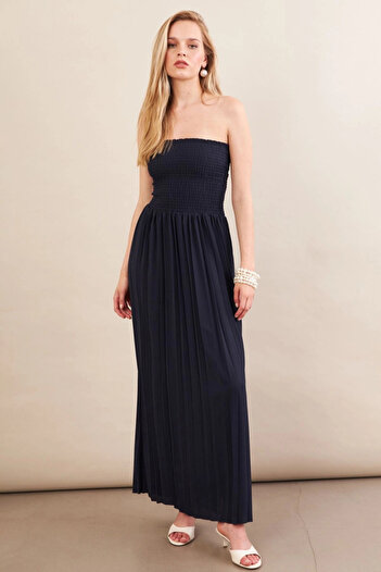 Cool & Sexy Rochie midi cu decolteu fără bretele albastru bleumarin pentru femei MSI100