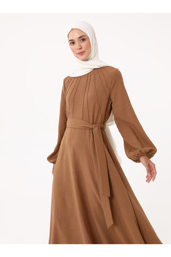 Refka Linen Look Ribbed Detailed Hijab Dress - Light Brown - Refka