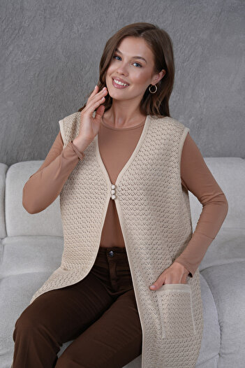 Lamierra Knitwear Openwork Mercerized Large Size Long Vest