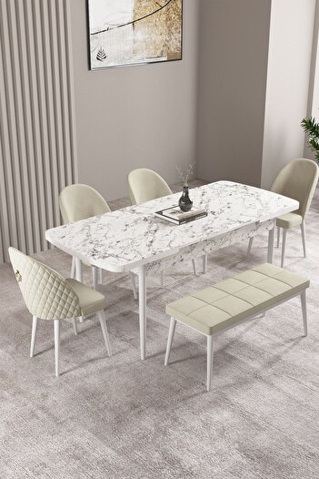 asaella mobilya Milas Beyaz Mermer Desen 80x132 Mdf Açılabilir Yemek Masası Takımı 4 Sandalye, 1 Bench