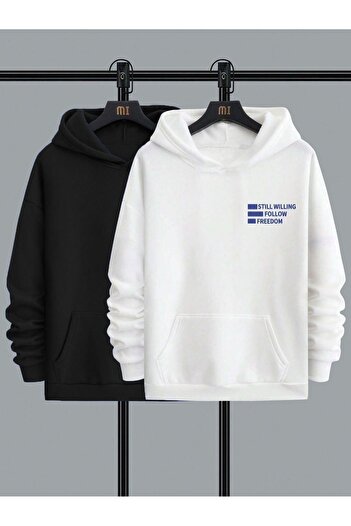 DUBU BUTİK 2'li Still Freedom Kalın Kışlık Sweatshirt - Siyah Beyaz Baskılı Oversize Kapüşonlu