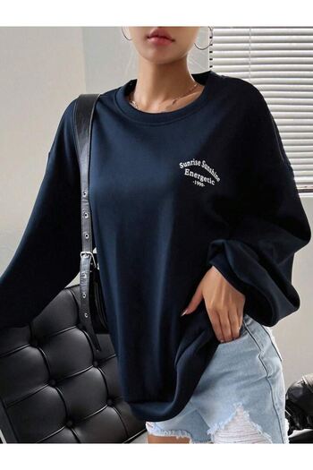 CLAYES Energetic Sweatshirt - Navy Blue Printed Oversize Thick Winter Crew Neck