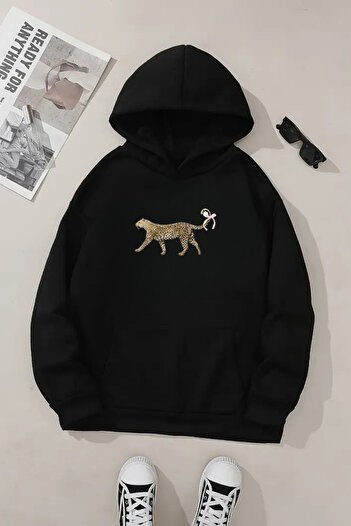 VBSVİBES Unisex Black Hooded Sweatshirt – Leopard Ribbon Tail Printed, Thick Fabric with Hood