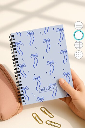 Eldesen Tasarım A5 Spiral Unlined School Notebook, 50 Sheets 100 Pages, Cardboard Cover Notepad, Blue Bow
