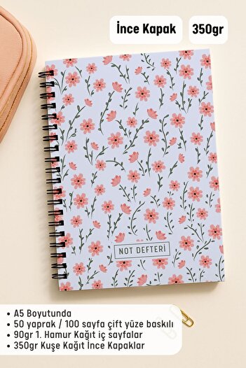 Eldesen Tasarım A5 Spiral Bound Unlined School Notebook, 50 Sheets 100 Pages, Cardboard Cover Notepad, Blue Floral