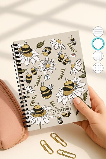 Eldesen Tasarım A5 Spiral Unlined School Notebook, 50 Sheets 100 Pages, Cardboard Cover Notepad, with Bee