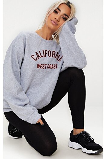 CLAYES California West Coast Letter Sweatshirt - Gray Printed Oversize Crew Neck