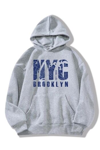 VBSVİBES Unisex Nyc Printed Oversize Gray Hooded Sweatshirt.