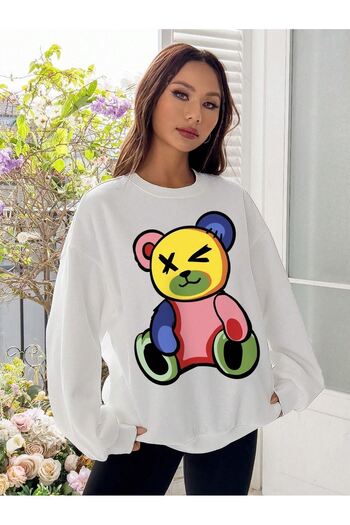 CLAYES Colorful Bear Sweatshirt - White Printed Oversize Crew Neck