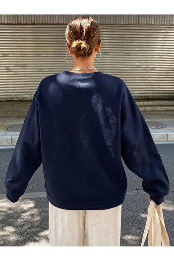 CLAYES Φούτερ Navy Blue Oversize - Minimal Bow Printed, Crew Neck