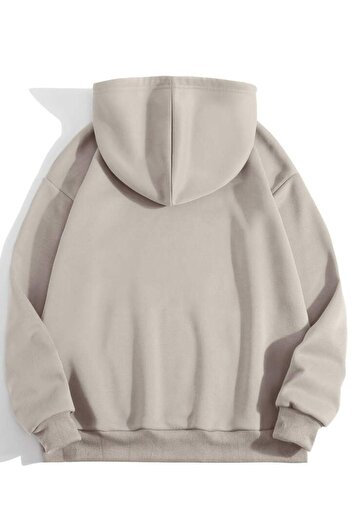 CLAYES Los Angeles California Patterned Beige Oversize Hooded Sweatshirt