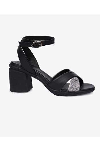 Greyder Women's Black Genuine Leather Heeled Sandals 4Y2Ps33551