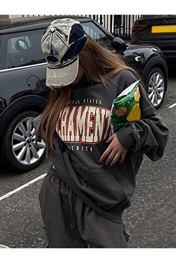 DUBU BUTİK Sacrament Sweatshirt - Füme Oversize Şardonlu Pamuk Kalın Kapüşonlu