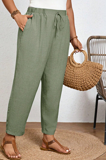 CEDY DENIM Women's Summer Khaki Synthetic Linen Look High Waist Narrow Leg Lace-Up Plus Size Mom Pants