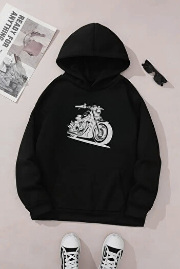 Sweetline Unisex Black Hooded Sweatshirt – Thick Fabric with Motor Print and Hood