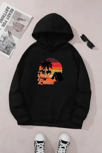 Sweetline Unisex Black Hooded Sweatshirt – Just Relax Printed, Thick Fabric with Hood