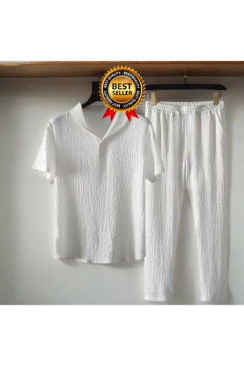 Fifty Color Alaçatı Style Men's Wrinkled Crinkle Fabric Summer Lycra Polo Collar Tshirt and Sweatpants Suit Combination