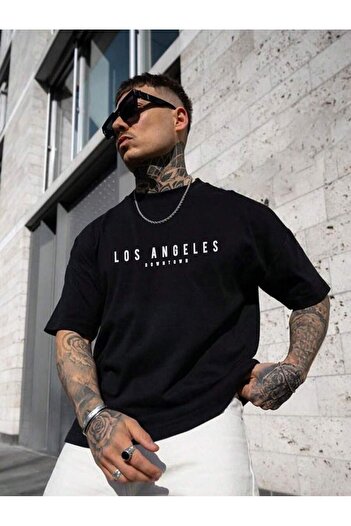 CLAYES Μπλουζάκι Los Angeles Downtown Single Jersey - Μαύρο εμπριμέ κοντομάνικο μπλουζάκι με λαιμόκοψη