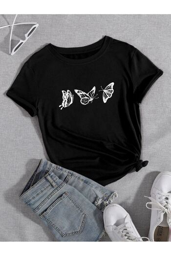 CLAYES Μαύρο T-Shirt με μονόπλευρη Flying Butterfly - Oversize Crew Neck