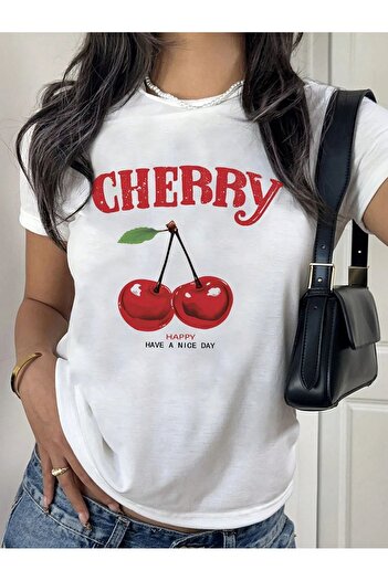 CLAYES Tricou alb cu imprimeu Cherry Happy Combinație Mamă Fiică - Tricou oversize cu decolteu