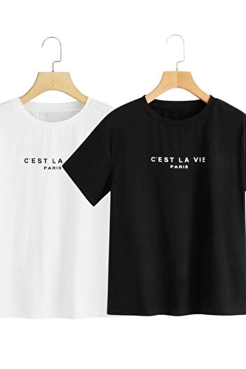 CLAYES Cest La Vie Paris 2-Piece T-shirt Pack - Black and White, Double Printed, Oversize Crew Neck