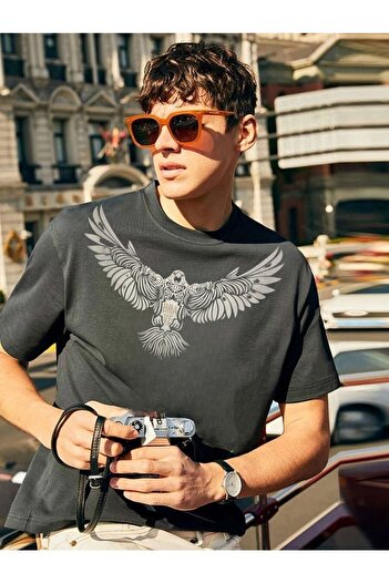 CLAYES Eagle Single Jersey T-Shirt - Smoked Printed Oversize Crew Neck T-Shirt