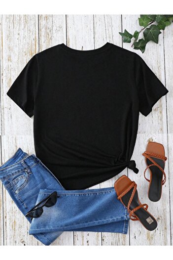 CLAYES Μαύρο μπλουζάκι με στάμπα Daisy Butterfly Oversize - Crew Neck, κοντό μανίκι