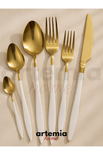 DMR LİFE Gold Dine White 18 Piece Cutlery Set |   Gold |   6 People |   18/10 Stainless Steel