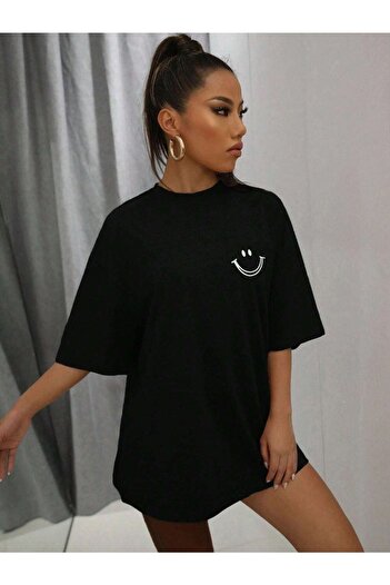 CLAYES Smile Minimal Gözlüklü Figür T-shirt - Siyah Baskılı Oversize Bisiklet Yaka Kısa Kol Tişört