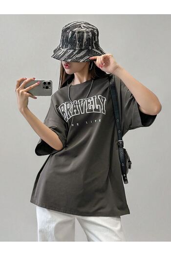 CLAYES Bravely Single Jersey T-Shirt - Dark Smoke Printed Oversize Crew Neck Short Sleeve T-Shirt