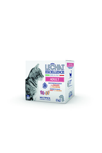 Monge Cat Wet Food MULTIPACK ADULT beef/salmon - Pack of 12 x100g Pouches - Lechat Excellence by Monge