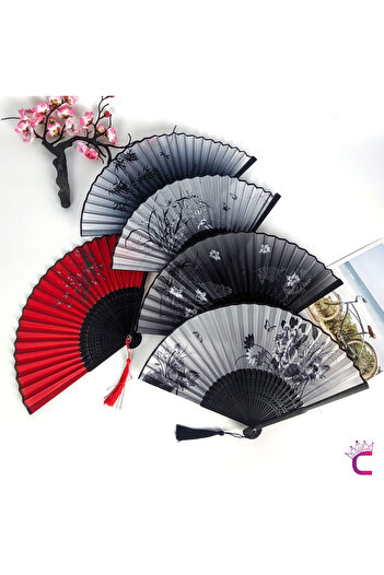 Cinderella Accessories Japon Çin Tarzı Çiçek Desenli Çanta Boy Ahşap Bambu El Yelpazesi 21cm Kırmızı Püsküllü Yelpaze