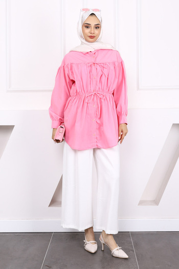 İmajButik Pink Waist Elastic Buttoned Tunic