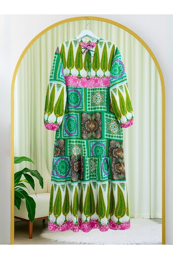 Modamorfo Green Ethnic Patterned Lace-Up Dress