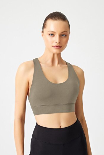 Los Ojos Khaki Supported Back Detailed Covered Sports Bra Strappy Back