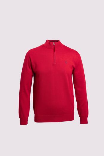 Sabri Özel Zipper half turtleneck cotton men's knit sweater red