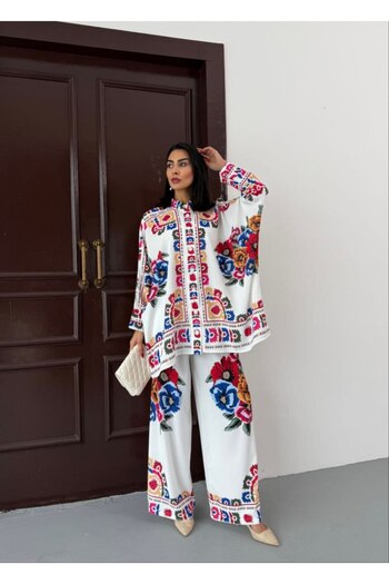jennyfer garment Imported Jessica Fabric Floral Pattern Shirt & Pants 2-Piece Suit