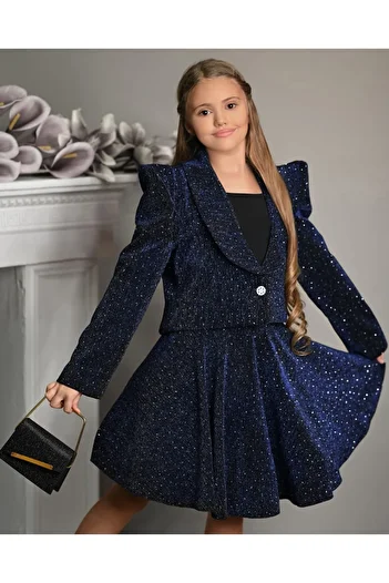 By Feyza Kids Collection By Feyza Girl's 4-Piece Set, Silvery Glitter Navy Blue Jacket, Blouse, Flared Skirt, Bag Combination 5-13 Years