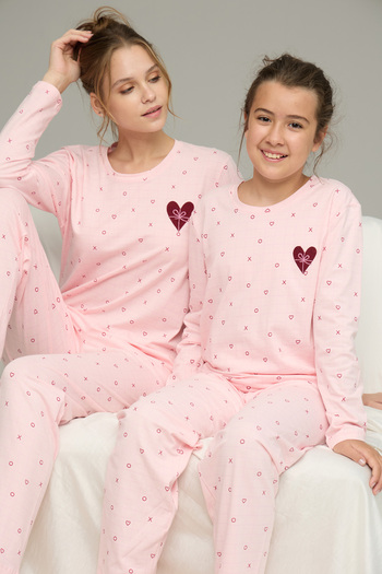 Siyah İnci Pink Heart Pattern Cotton Crew Neck Knitted Pajamas Suit25241127
