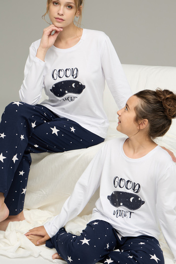 Siyah İnci White Star Pattern Cotton Crew Neck Knitted Pajamas Suit25241128