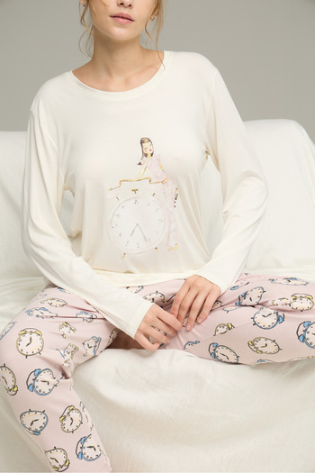 Siyah İnci Ecru Pink Watch Pattern Cotton Crew Neck Knitted Pajamas Suit25241152