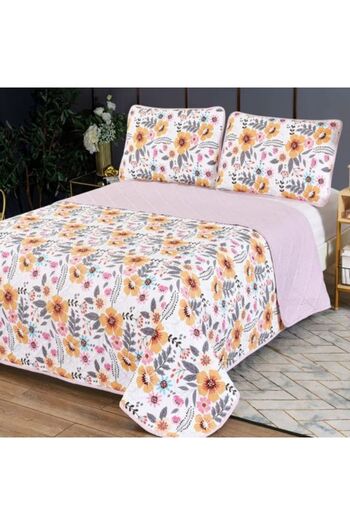 Ralex Quilted Bedspread 230 x 250 cm with 2 Pillowcases 50 x 70 cm, Colorful Flower Pink