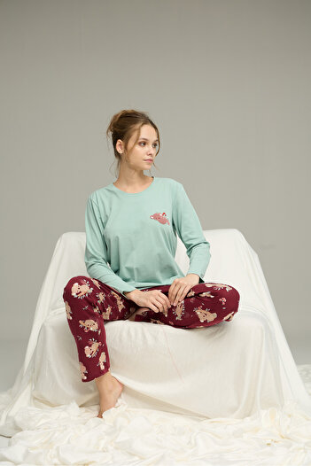 Siyah İnci Green Burgundy Koala Patterned Cotton Crew Neck Knitted Pajama Set 25241156