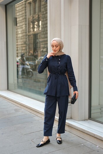 LOCCO Women's Button Detail Suit Navy Blue