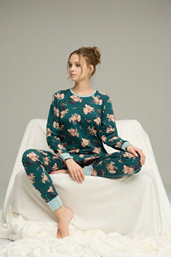 Siyah İnci Green Koala Print Cotton Crew Neck Knit Pajama Set 25241150
