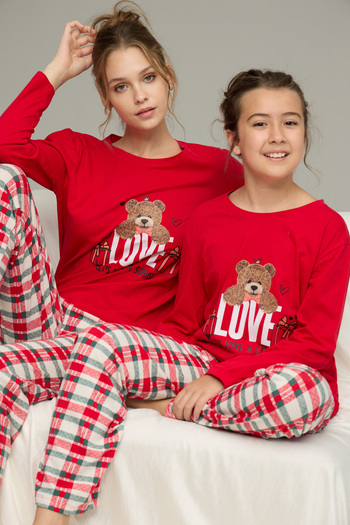 Siyah İnci Red Plaid Cotton Crew Neck Knitted Pajamas Suit25241129