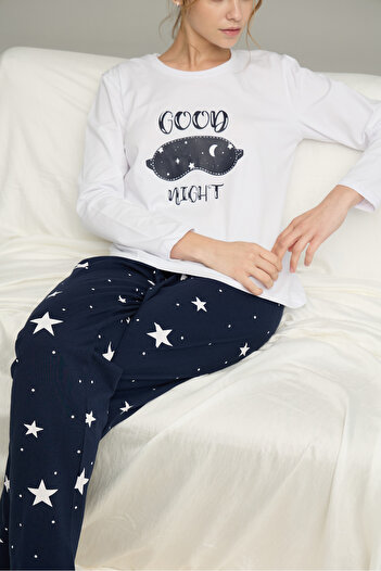 Siyah İnci White Star Pattern Cotton Crew Neck Knitted Pajamas Suit25241128