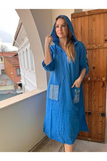 AGORATEKSTİL Rochie lungă de in pentru femei, cu glugă, cu 2 buzunare