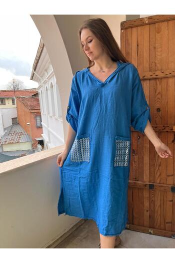 AGORATEKSTİL Rochie lungă de in pentru femei, cu glugă, cu 2 buzunare